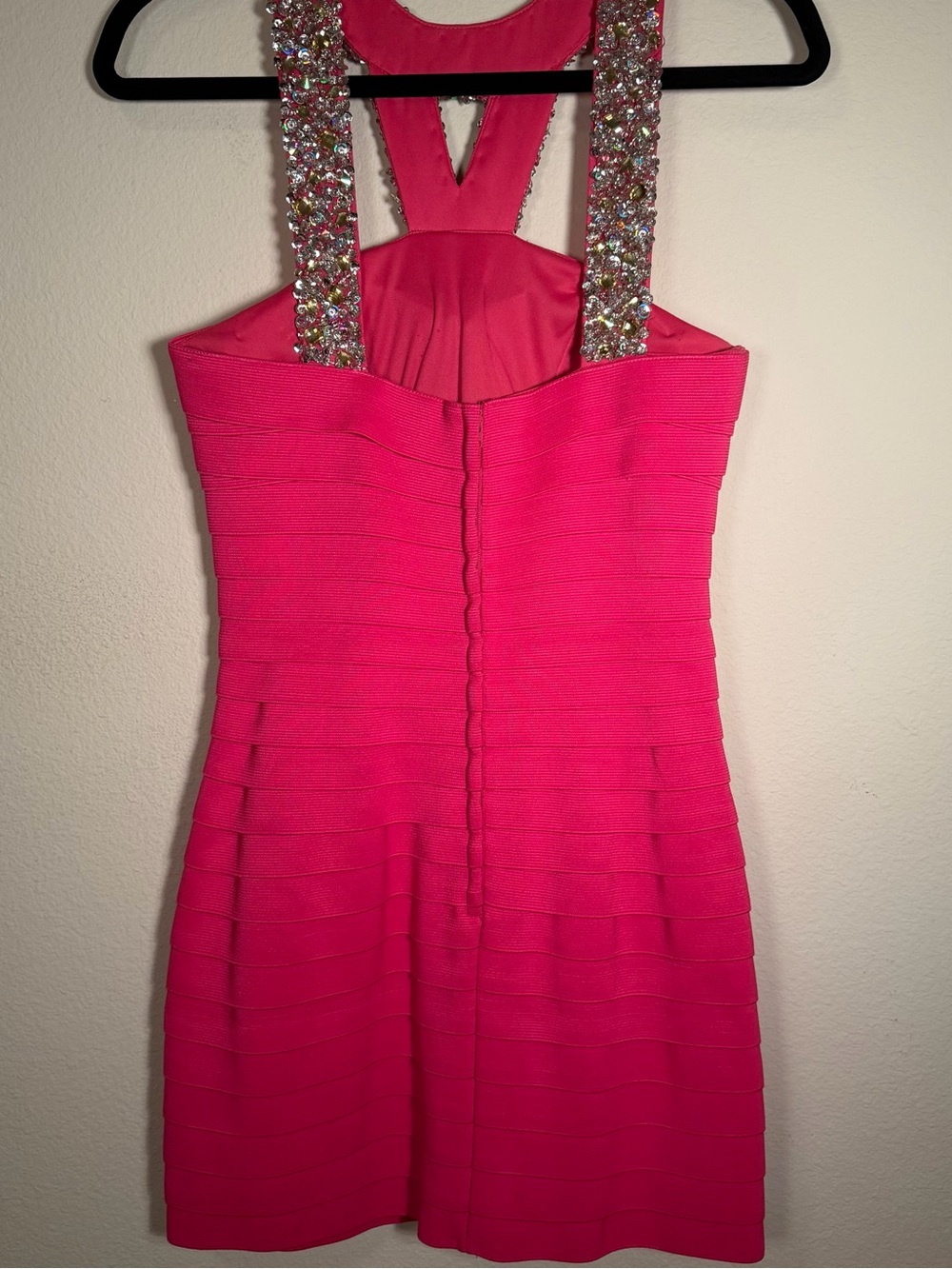Sherri Hill Hot Pink Bandage Dress, Rhinestone Straps, Cocktail Homecoming Party - Picture 8 of 10